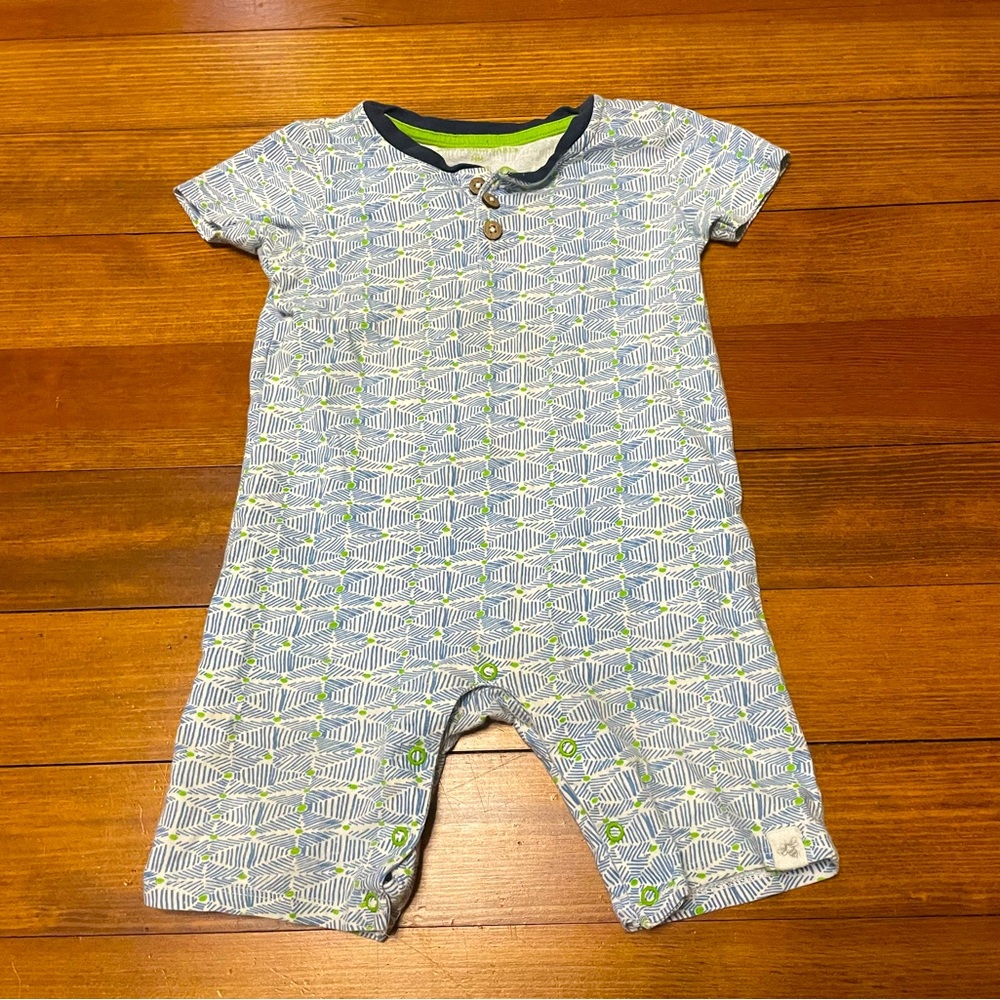 Burt's Bees Baby Short-Sleeve Cotton Romper in Blue & Lime Green Size 24 Months